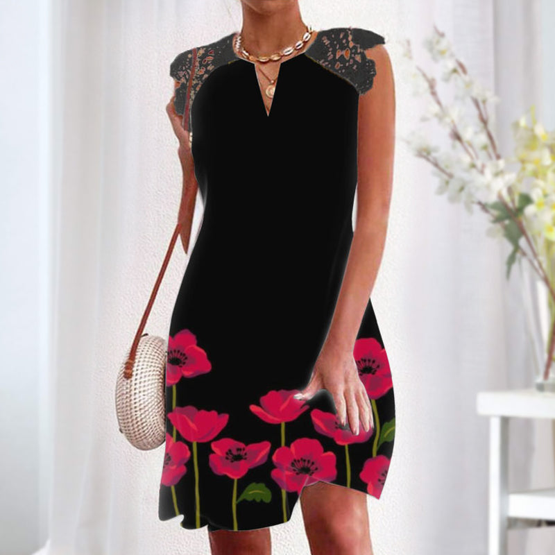 Ermeløs Trykt Kjole med Blonder