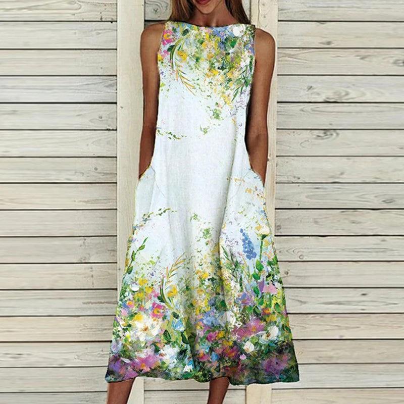 Ermeløs kjole med trykk