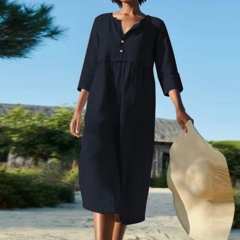 Ensfarget rund hals kjole med knapper og lomme