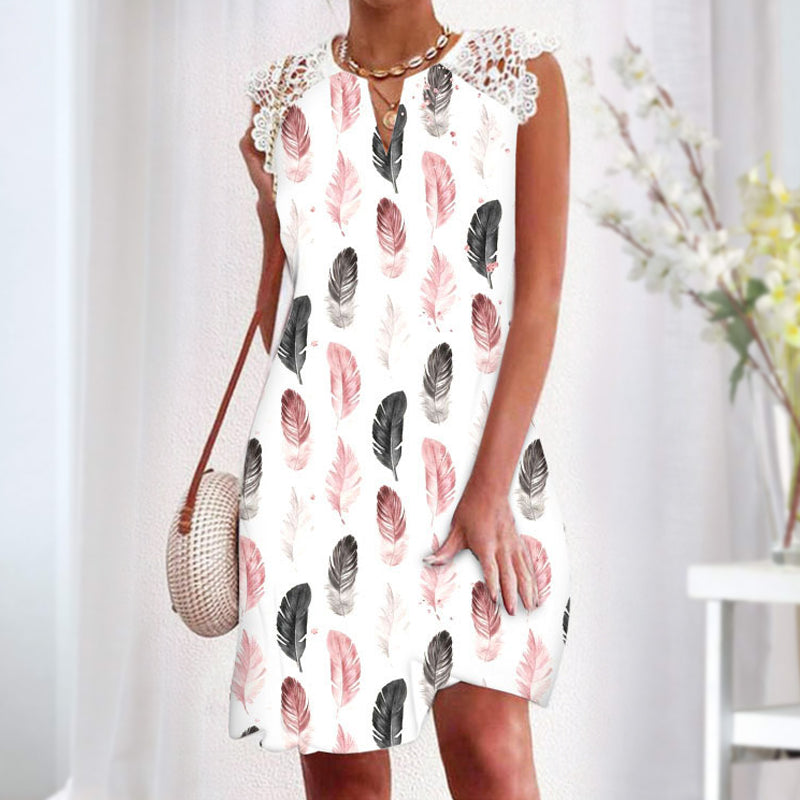 Ermeløs Trykt Kjole med Blonder