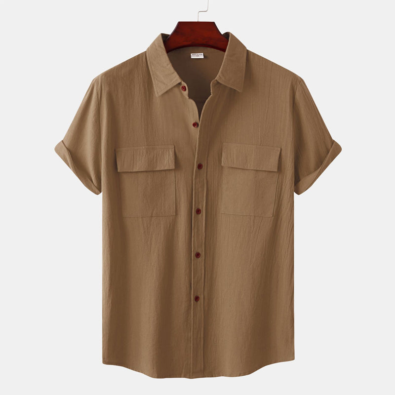 Ensfarget uformelt kortermet skjorte i bomull og lin for menn
