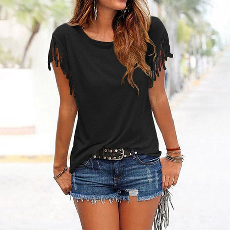 Ensfarget Kortermet T-Skjorte med Rund Hals og Frynser