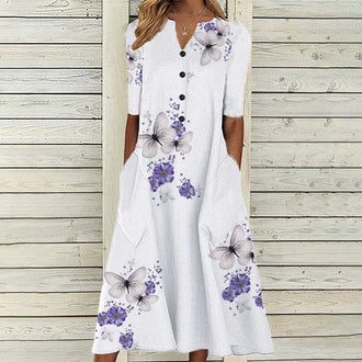 Trykt Løs Kjole med Lommer