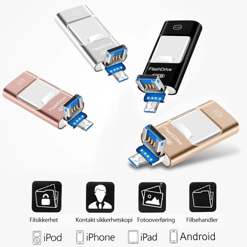 Bærbar USB-minnepinne for iPhone, iPad og Android
