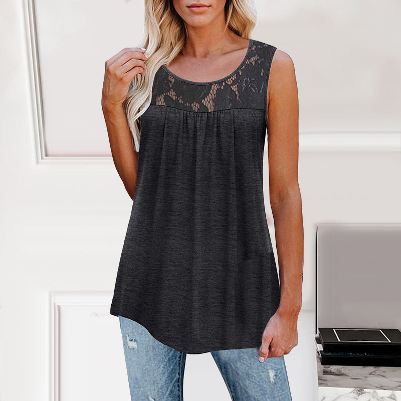 Ermeløs plisseret topp med blonder