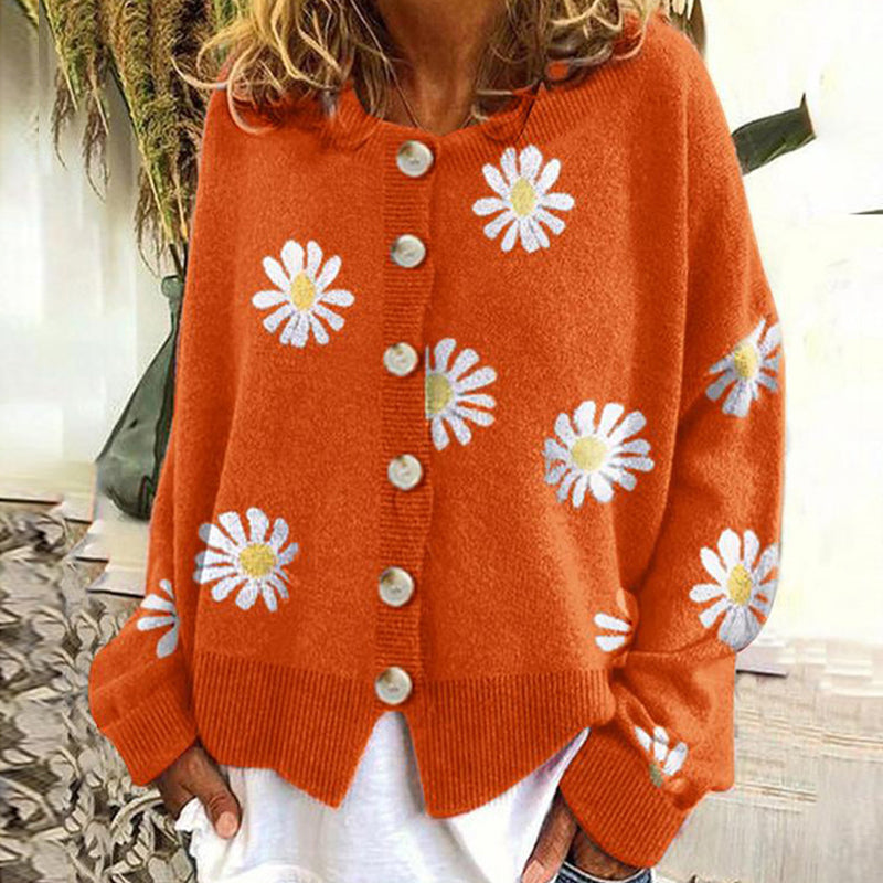 Strikket cardigan med tusenfryd-design og løs passform