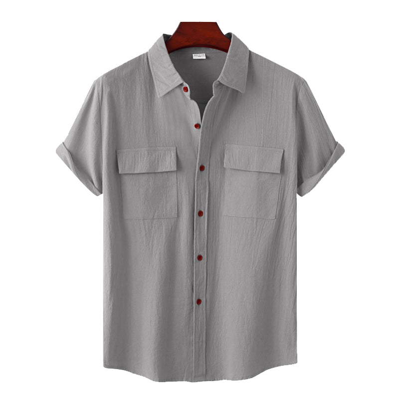 Ensfarget uformelt kortermet skjorte i bomull og lin for menn