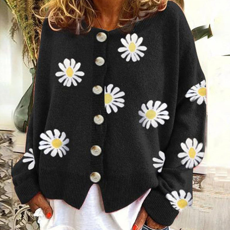 Strikket cardigan med tusenfryd-design og løs passform