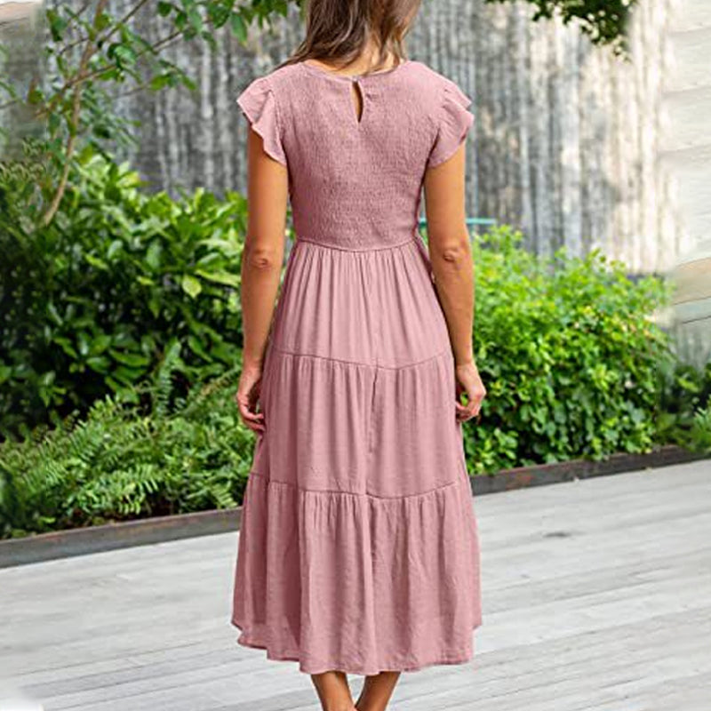 Ensfarget kortermet volangkjole