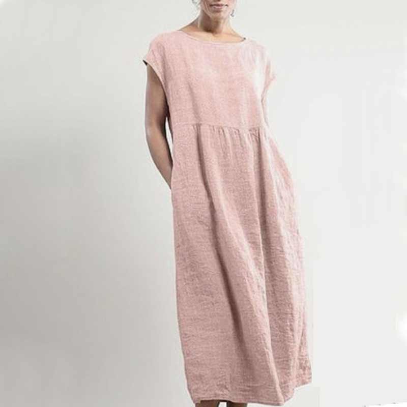 Ensfarget ermeløs løs kjole med lomme