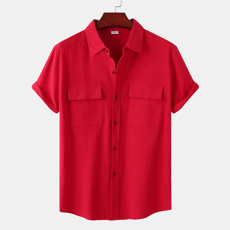 Ensfarget uformelt kortermet skjorte i bomull og lin for menn