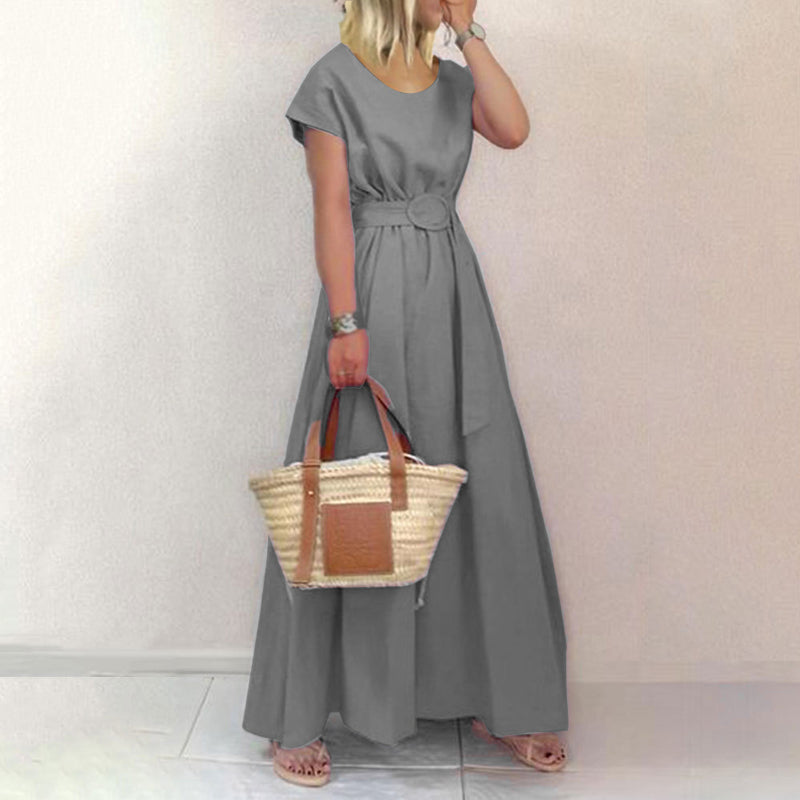 Ensfarget kjole med rund hals