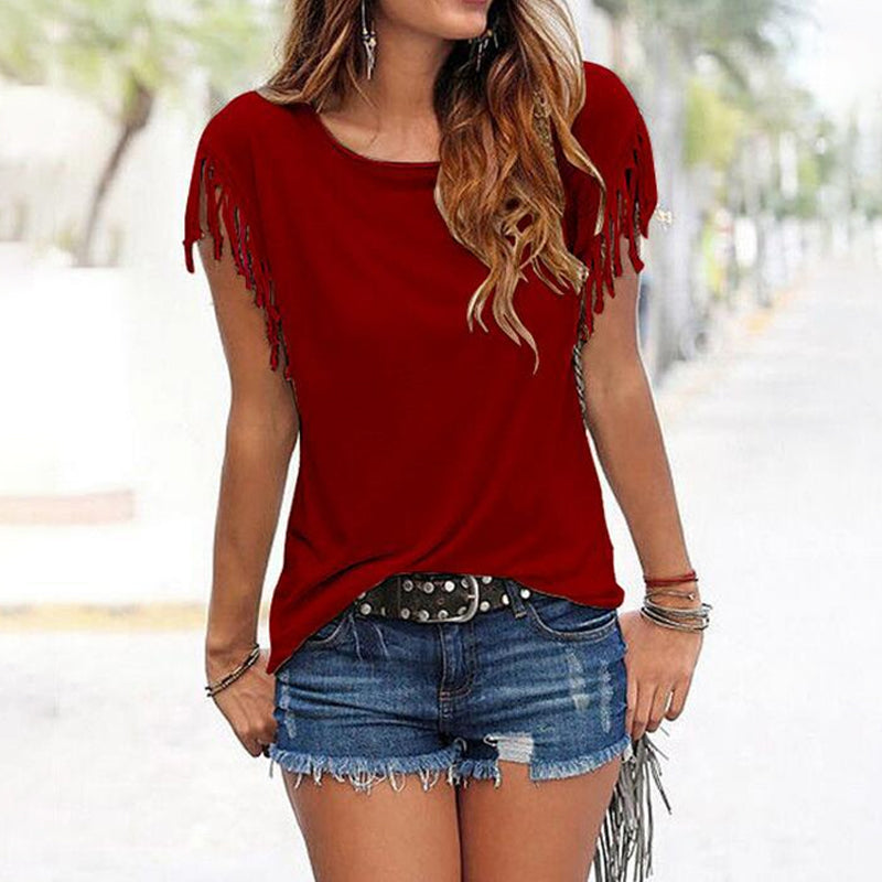 Ensfarget Kortermet T-Skjorte med Rund Hals og Frynser