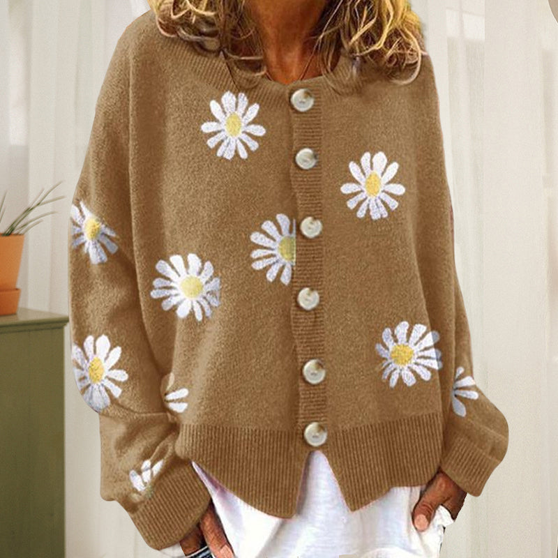Strikket cardigan med tusenfryd-design og løs passform