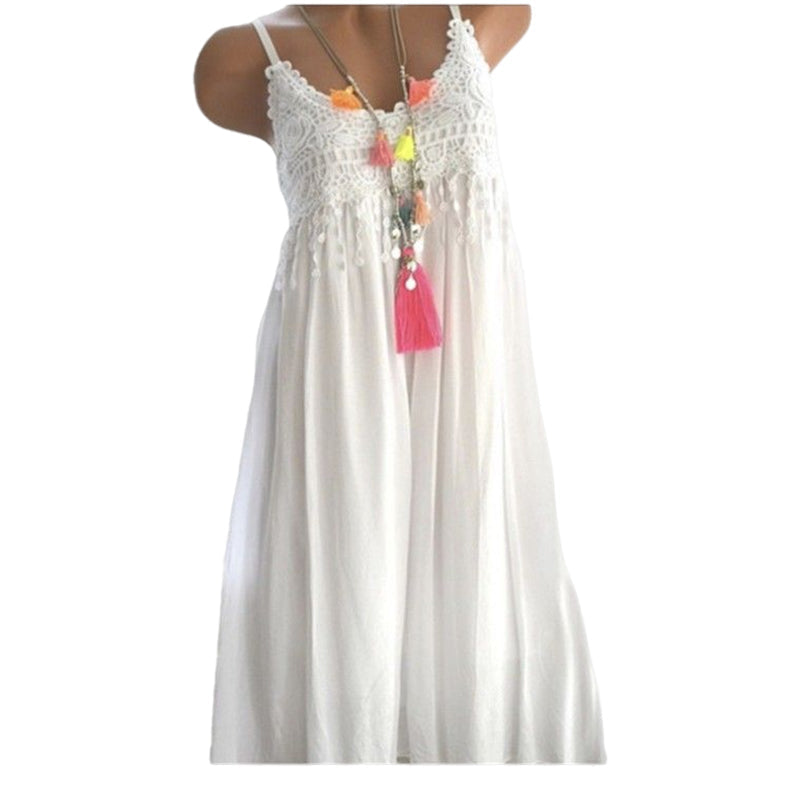 Ensfarget strand-kjole med blonder