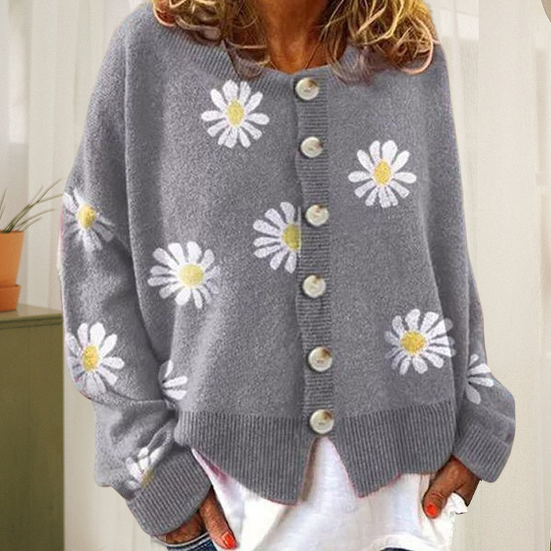 Strikket cardigan med tusenfryd-design og løs passform