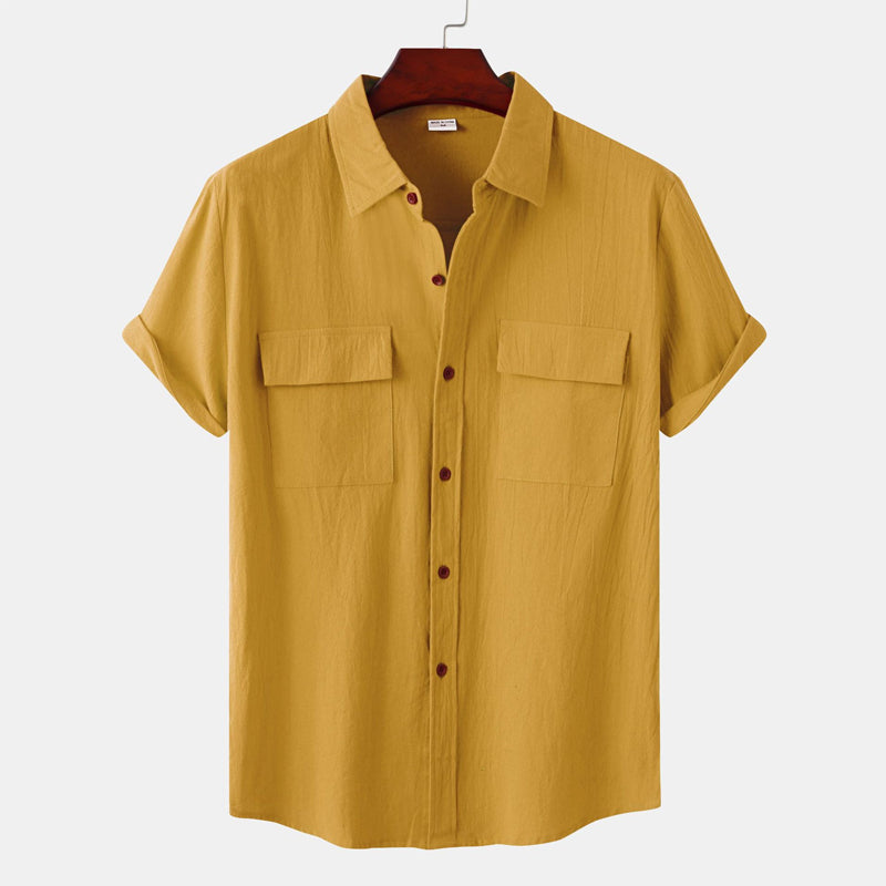 Ensfarget uformelt kortermet skjorte i bomull og lin for menn