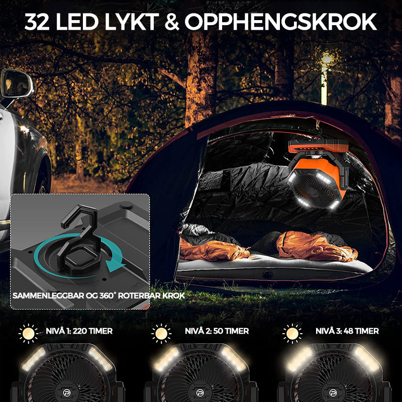 Camping LED-vifte med lys