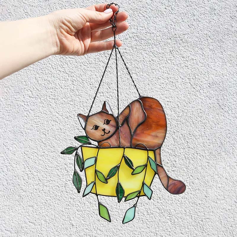 Katt i blomsterpotte Suncatcher Glassmalerier Vindusoppheng