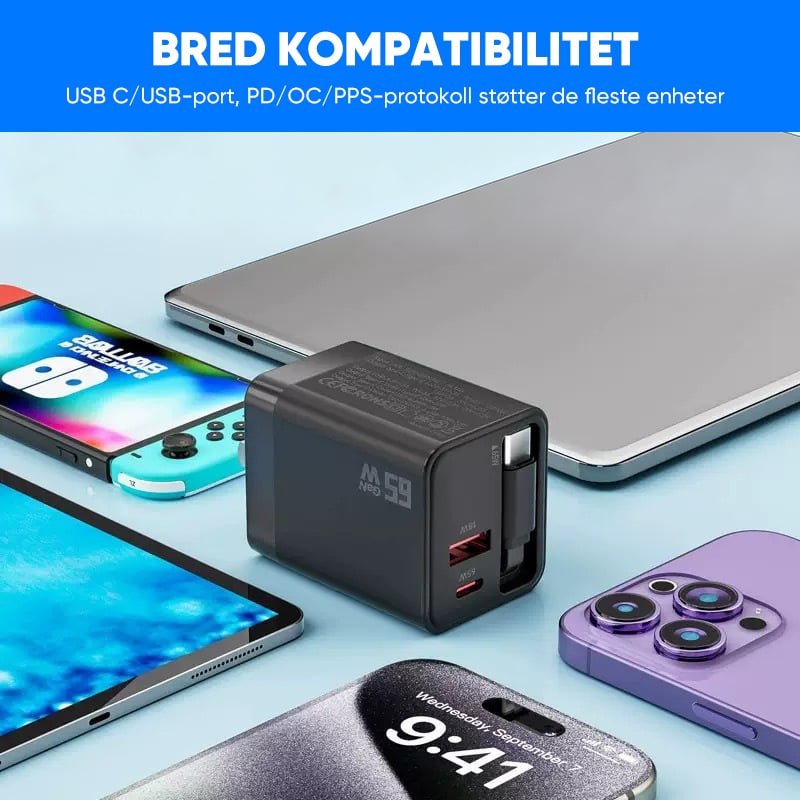 65W GaN A+C hurtigladeadapter med to porter og uttrekkbar kabel