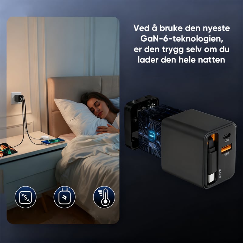 65W GaN A+C hurtigladeadapter med to porter og uttrekkbar kabel