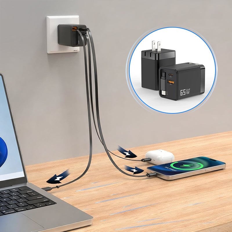 65W GaN A+C hurtigladeadapter med to porter og uttrekkbar kabel
