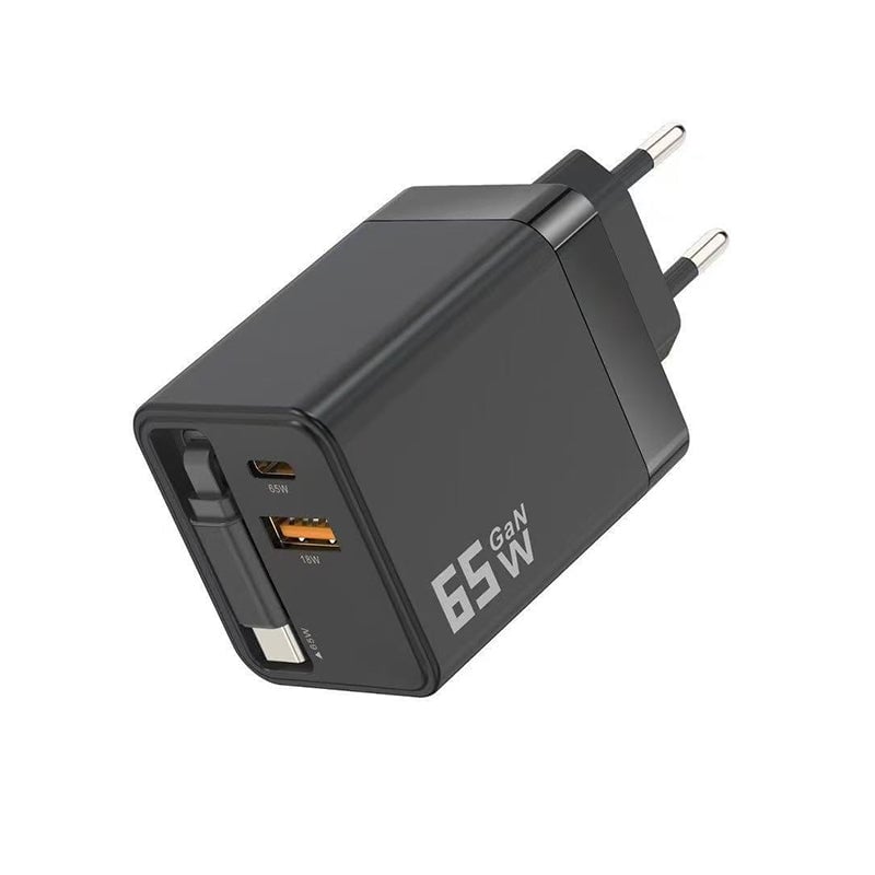 65W GaN A+C hurtigladeadapter med to porter og uttrekkbar kabel