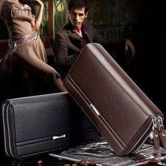 Herreclutch med dobbel glidelås og flere kortspor