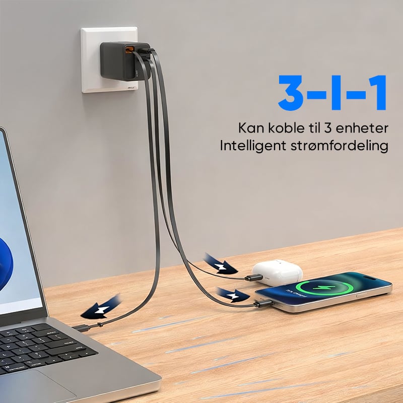 65W GaN A+C hurtigladeadapter med to porter og uttrekkbar kabel