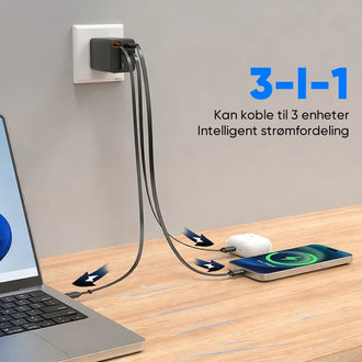 65W GaN A+C hurtigladeadapter med to porter og uttrekkbar kabel