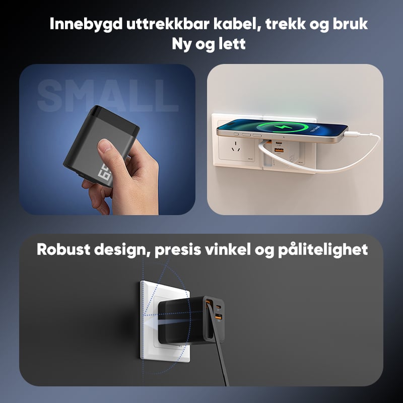 65W GaN A+C hurtigladeadapter med to porter og uttrekkbar kabel
