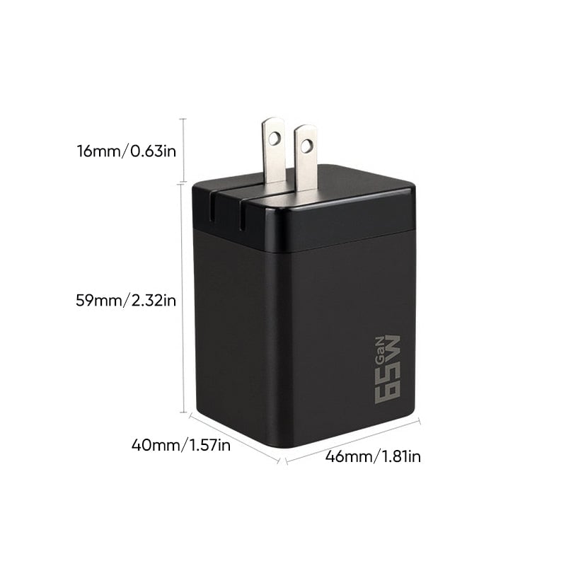 65W GaN A+C hurtigladeadapter med to porter og uttrekkbar kabel