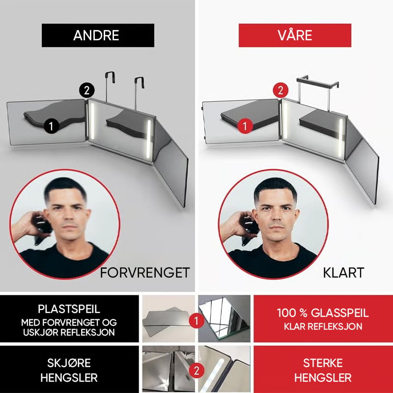 Tredelt hengende speil med uttrekkbar krok