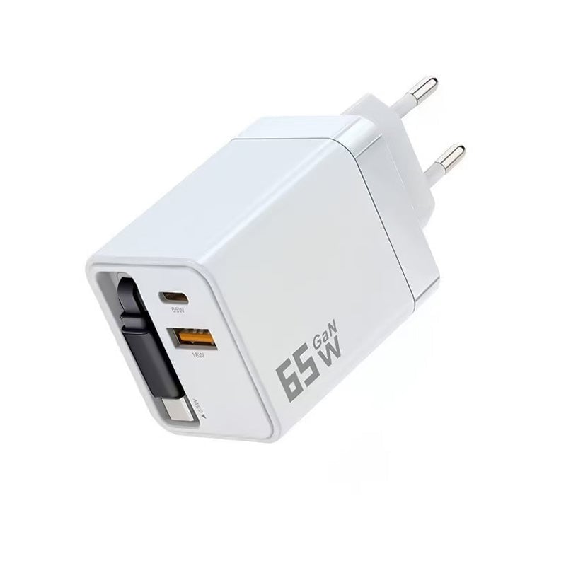 65W GaN A+C hurtigladeadapter med to porter og uttrekkbar kabel