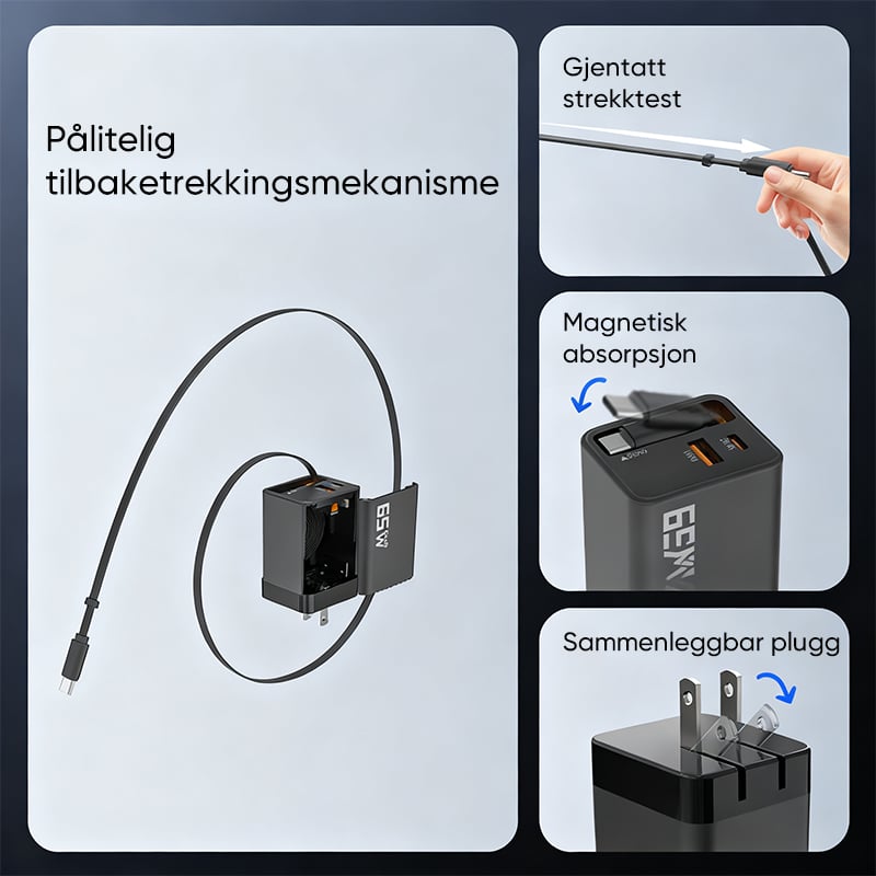 65W GaN A+C hurtigladeadapter med to porter og uttrekkbar kabel