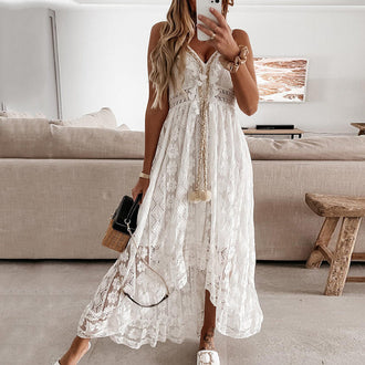 Lace Spaghetti Strap Solid Color Long Dress