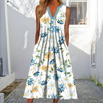 V-hals ermeløs kjole med blomstertrykk