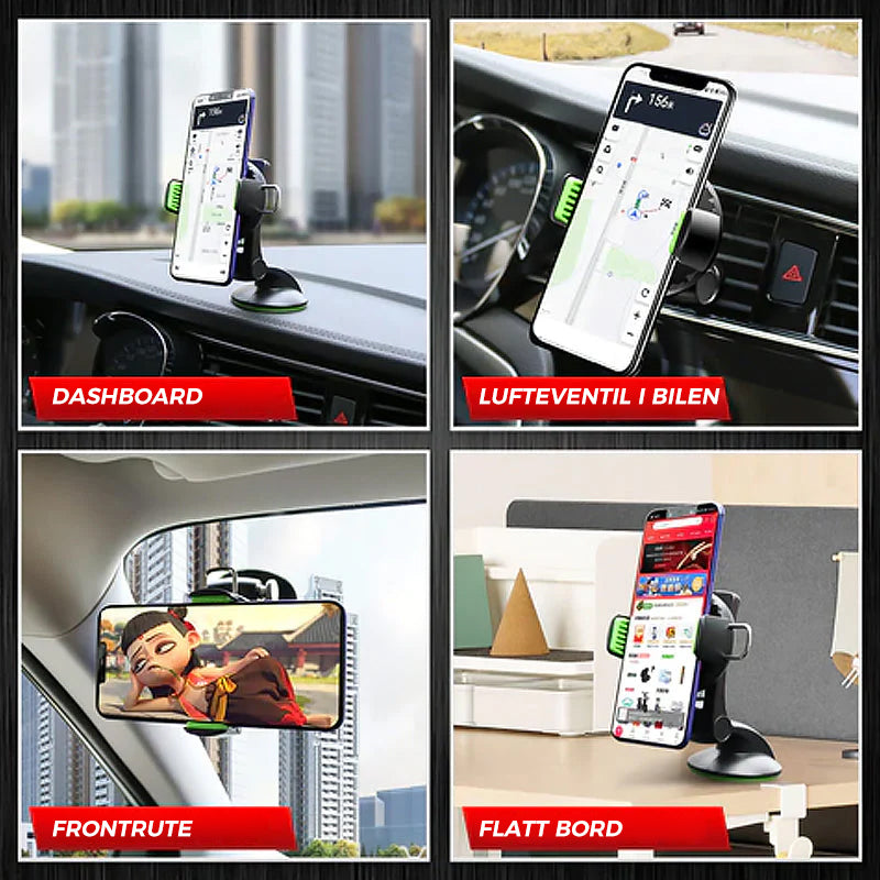 Justerbar mobiltelefonholder for bil med sugekopp