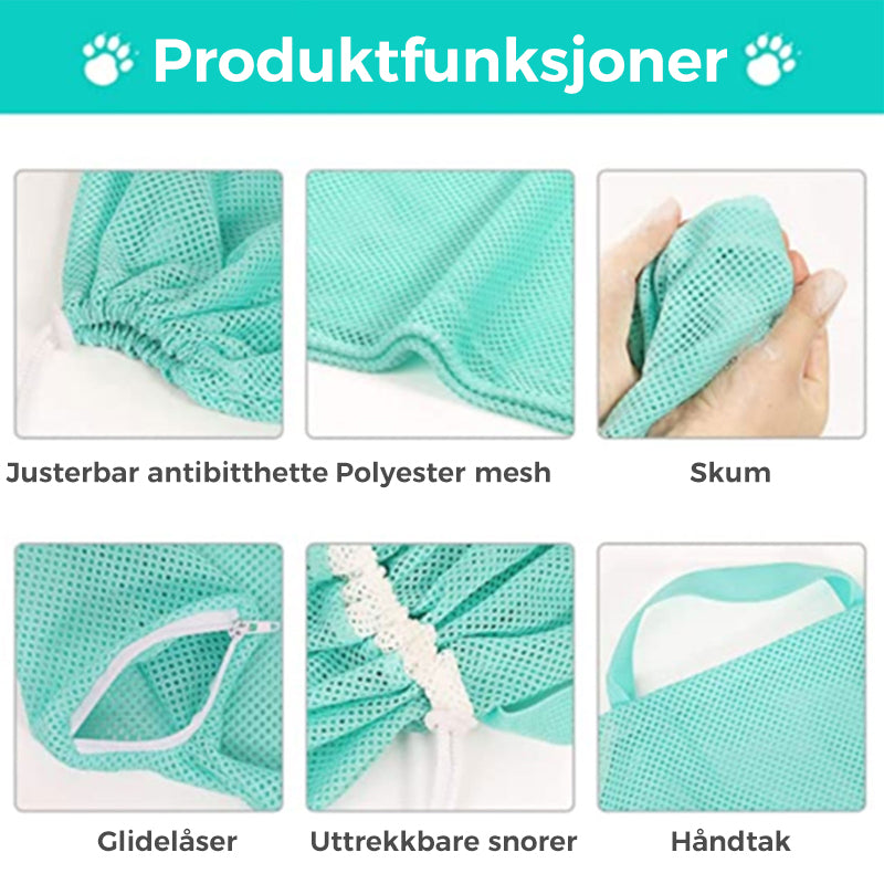 Multifunksjons stelle- og badepose for katter