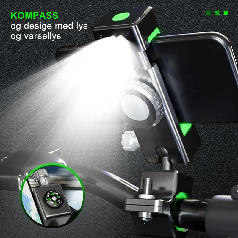 Telefonholder for sykkel med kompass og lys