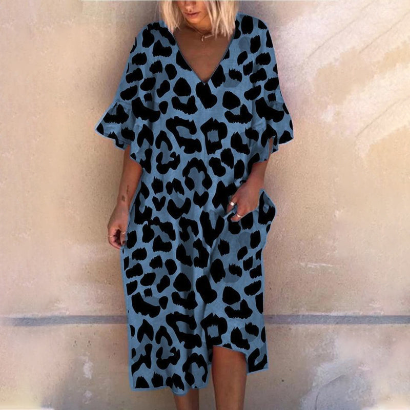 V-hals løs kjole med leopardprint