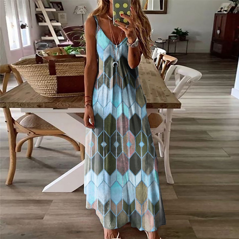 Ermeløs kjole med geometrisk trykk for kvinner