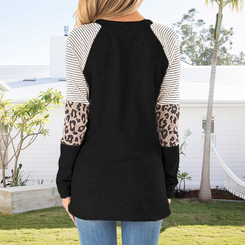 Dame Leopard Patch Rundhals Langermet Topp