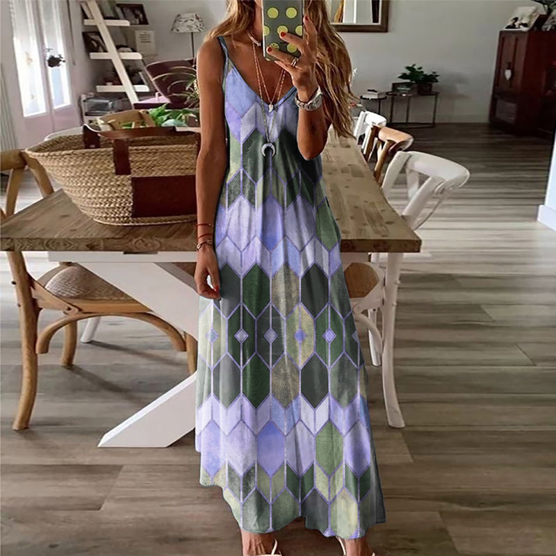 Ermeløs kjole med geometrisk trykk for kvinner