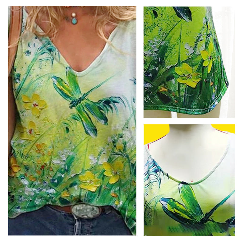 V-hals T-skjorte med blomster-kunst trykk