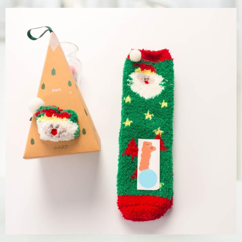 Varme og myke korall-fleece sokker med juletema og gaveeske (4 Par)
