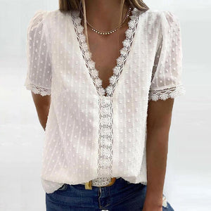 V-hals bluse med engelsk blonde