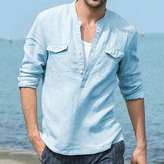 Uformell langermet skjorte i bomull og lin