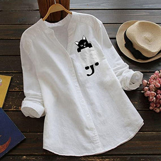 Langermet bluse med V-hals i bomull og kattetrykk