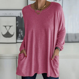 Ensfarget topp med rund hals og lange ermer